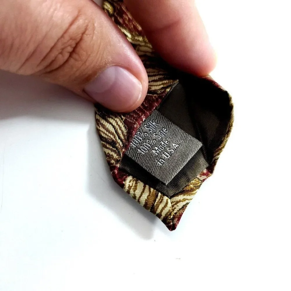 Vintage Calvin Klein Red Tan Floral Print‎ Wide Silk Tie